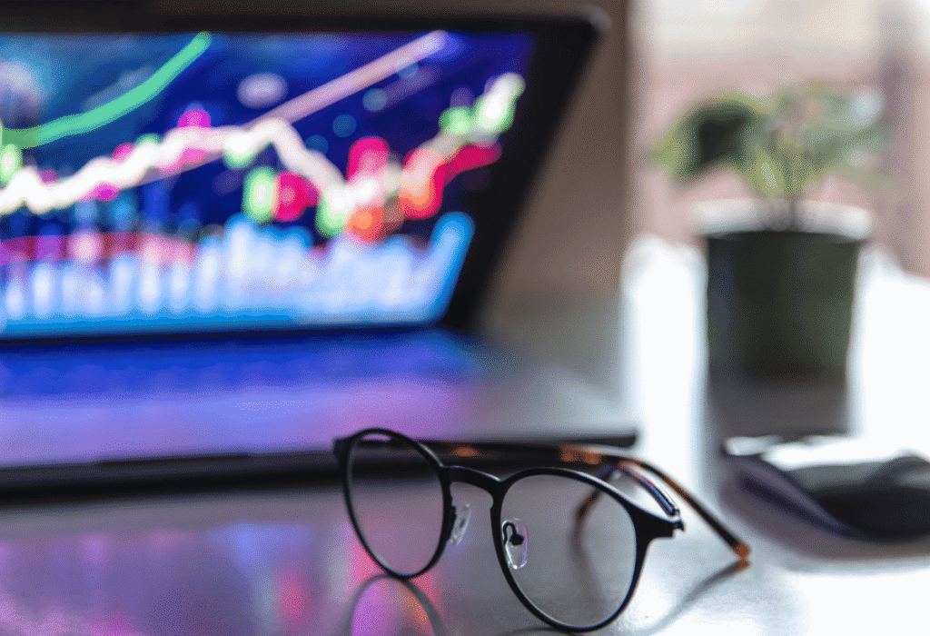 Óculos sobre uma mesa em frente a um notebook com gráficos financeiros, representando o investidor focado em planejamento e organização.